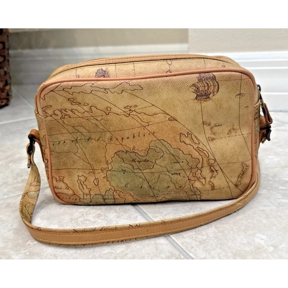VTG Allen Edward World Map Crossbody Purse Travel Atlas Print Bag Boho 10x7x3 - Picture 2 of 12
